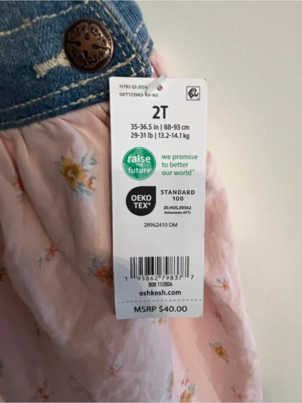 NWT Girls Size 2T Oshkosh B’Gosh Denim Floral Overall Dress
